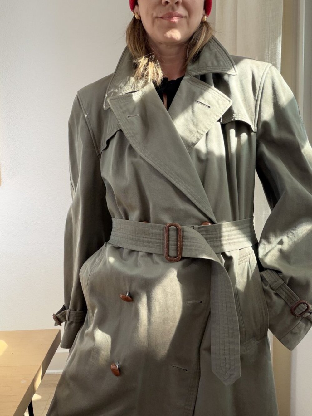 Vintage 80s Olive Trench Coat Oversized Double Breasted Belted Plaid Lined